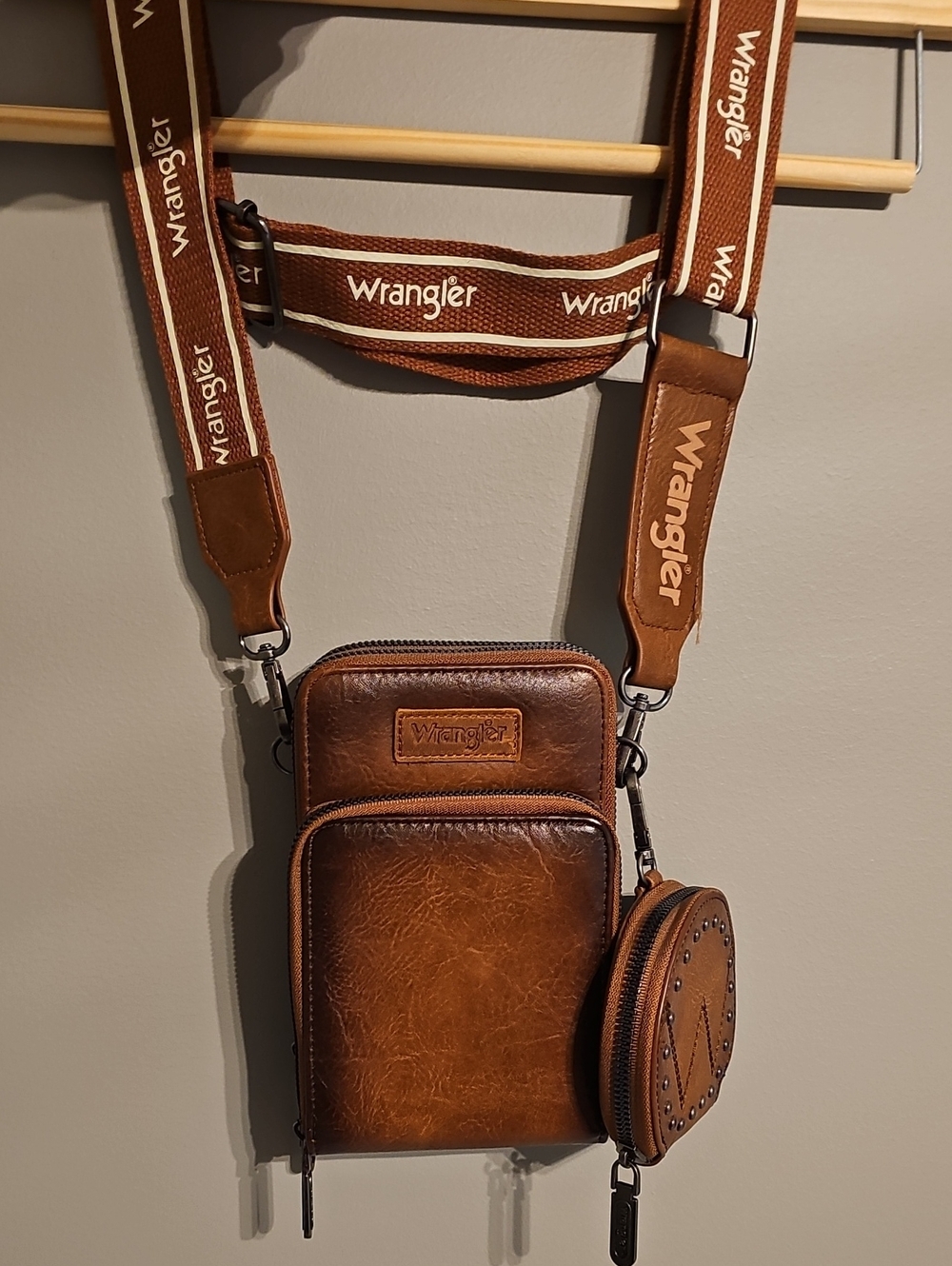 Wrangler Brown Leather Crossbody Phone Bag with Coin Pouch